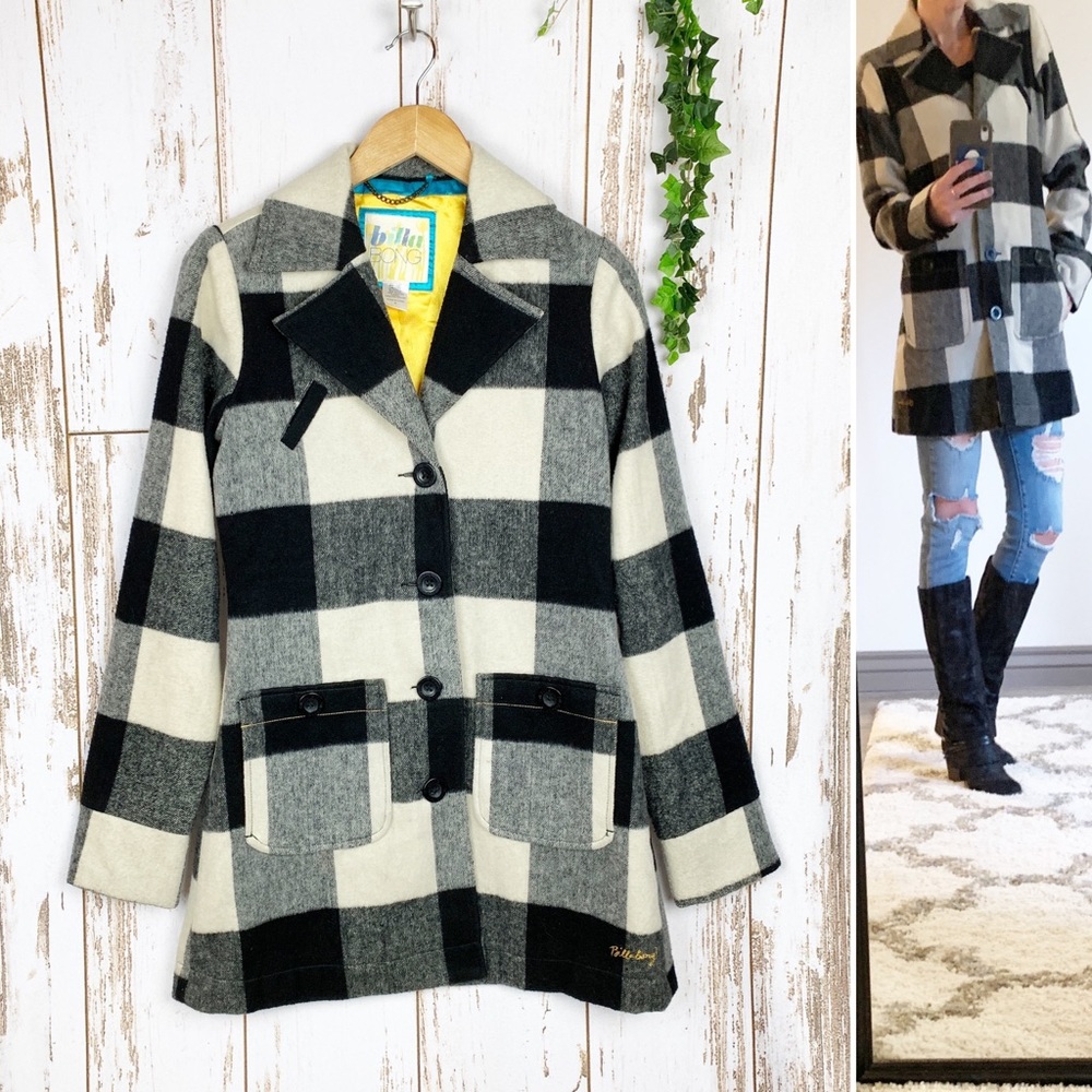 Billabong Gingham Plaid Wool Blend Midi Jacket EUC